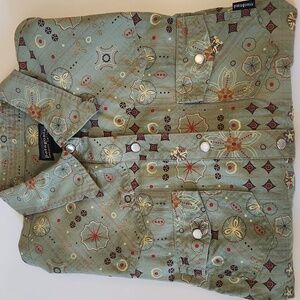 Patagonia Sage Green Patterned Shirt Western Pearl Button Sz L
